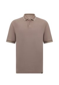 Hnědý polokošile s krátkým rukávem, nápadným límcem a lemy na rukávech. Vyrobená z hladké látky s klasickým střihem.