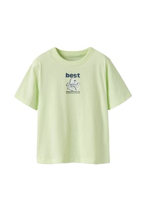 Light green short-sleeve T-shirt with cartoon ghost on skateboard and text "best enjoyed in the sun" printed on the chest.