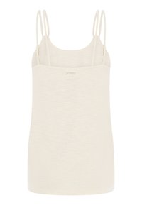 Camisole courte écrue avec doubles fines bretelles réglables et logo "protest" discret au centre devant.