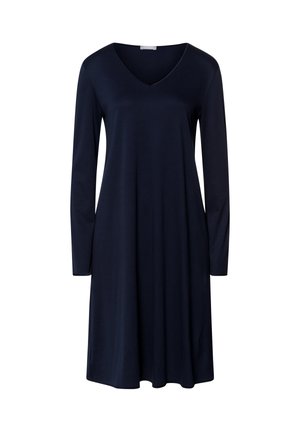 Robe à manches longues bleu marine avec décolleté en V, longueur genoux et silhouette A-line décontractée.