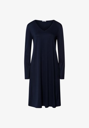 Navyblauwe jurk met lange mouwen, V-hals, kniehoogte en een losse A-lijn silhouet.
