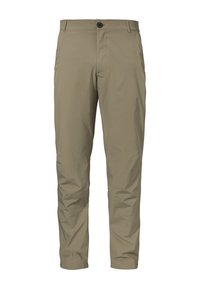 Beige, leichtgewichtige Hose mit glatter Oberfläche, geradem Schnitt und Knopfverschluss. Sie verfügt über schräg eingesetzte Taschen und hat keine sichtbaren Muster.