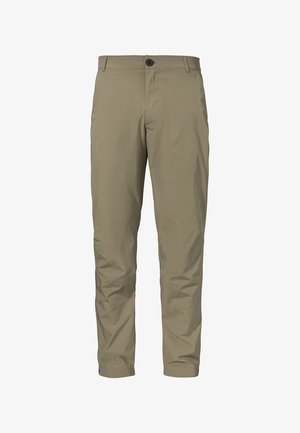 Beige, leichtgewichtige Hose mit glatter Oberfläche, geradem Schnitt und Knopfverschluss. Sie verfügt über schräg eingesetzte Taschen und hat keine sichtbaren Muster.