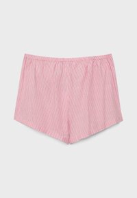 Shorts en coton rose avec fines rayures blanches verticales et taille élastique, présentés à plat sur un fond clair.
