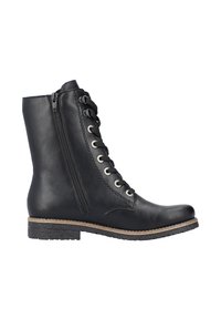 Black leather ankle boot featuring a rounded toe, side zipper, and lace-up front with silver eyelets. Textured sole and low block heel.