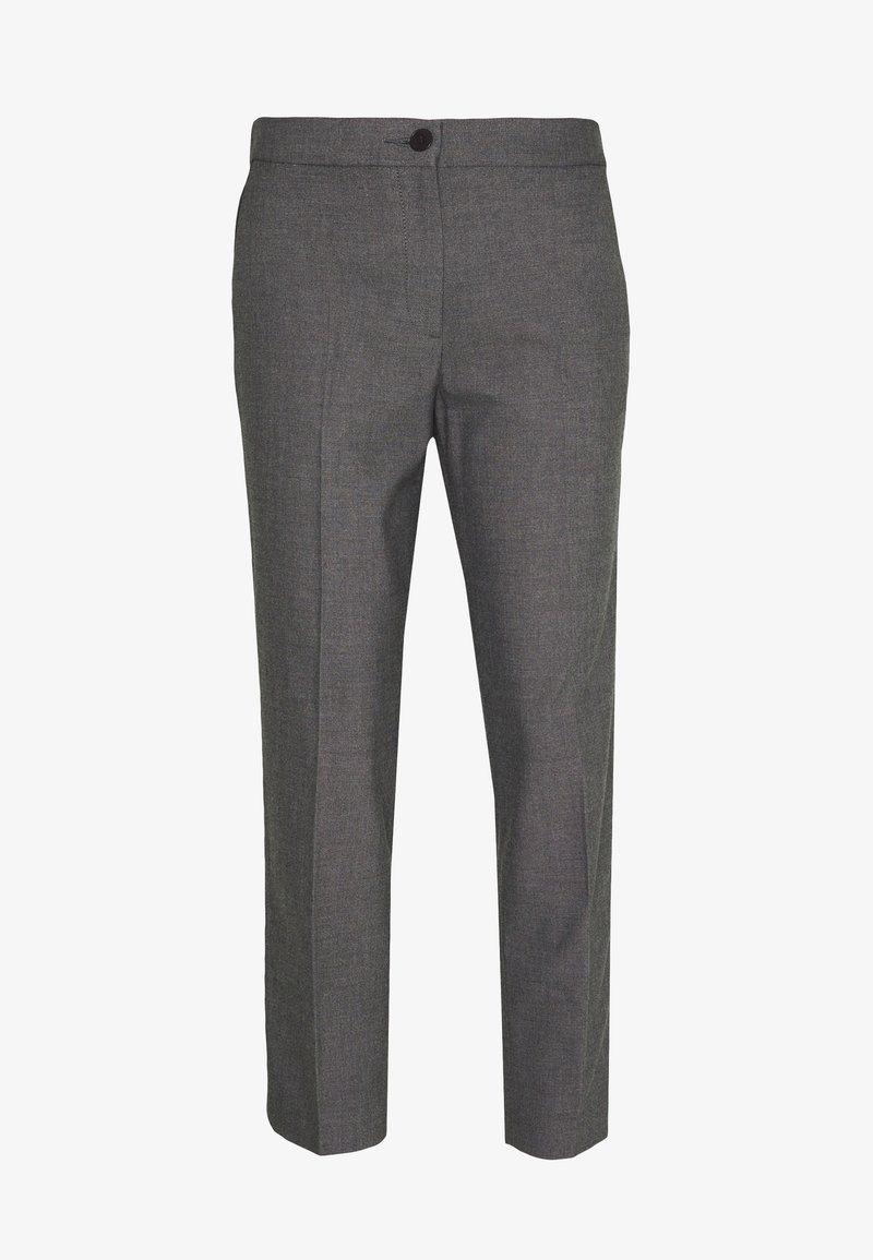Pantalon formel gris avec fermeture avant par bouton et zip, jambes droites sur mesure, ceinture plate.