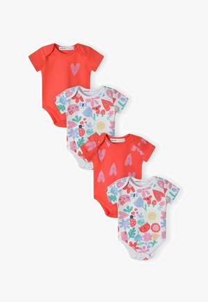 Patru body-uri pentru bebeluși cu mânecă scurtă: două roșii uniform cu modele și două cu imprimeuri de flori și soare pe fundal alb. Material din bumbac.