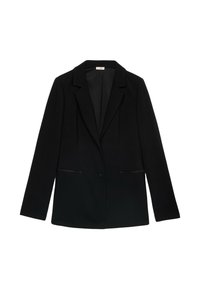 Blazer nero con un design strutturato, rever a punta, chiusura con un bottone e due tasche frontali con una leggera texture lucida.