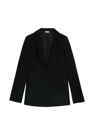 Zwarte blazer met een gestructureerd ontwerp, notch-revers, een enkele knoopsluiting en twee voorzakken met een subtiele glans.