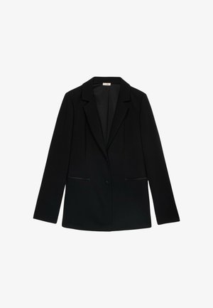 Zwarte blazer met een gestructureerd ontwerp, notch-revers, een enkele knoopsluiting en twee voorzakken met een subtiele glans.