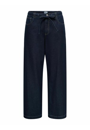 Culottes en denim bleu foncé avec une coupe large, une taille élastique et un cordon de serrage. Comprend des poches avant et des détails de couture contrastés.