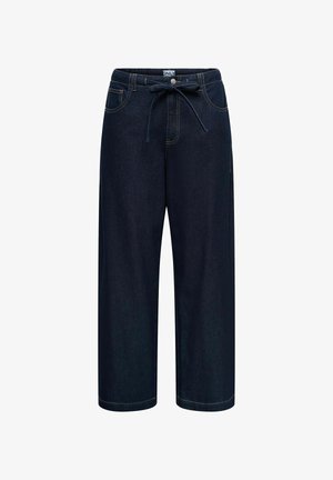 Culottes en denim bleu foncé avec une coupe large, une taille élastique et un cordon de serrage. Comprend des poches avant et des détails de couture contrastés.