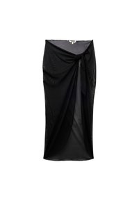 Zwarte doorschijnende wikkelskirt met een geknoopt strikje in de taille, ontworpen met een vloeiende silhouet en een gladde textuur.