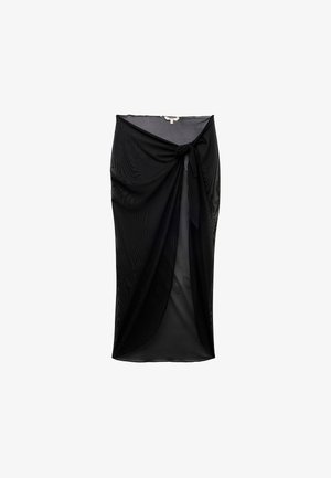 Jupe transparente noire avec un nœud à la taille, conçue avec une silhouette fluide et une texture lisse.