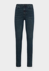 Jeansi skinny din denim albastru închis, cu talie înaltă, ușoară decolorare, design clasic cu cinci buzunare și fermoar cu închidere cu buton.