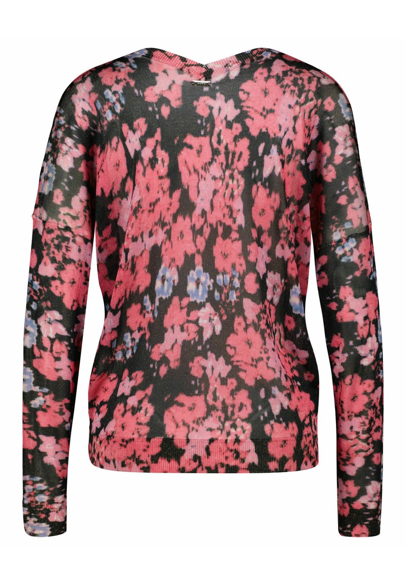 Suéter de punto de manga larga con base negra y patrón floral en rosa y azul, diseño de cuello en V, textura ligera y aberturas laterales.