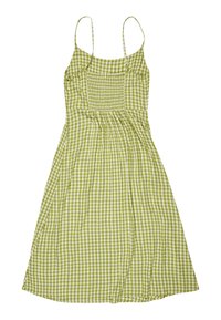 Green gingham dress with thin straps, elastic smocked bodice, flared skirt, and lightweight fabric. Pattern features alternating green and white squares.