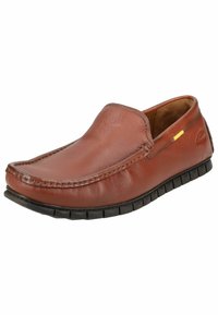 Brown leather slip-on shoe with a rounded toe, stitched detail, and rubber sole featuring a textured tread design. Gold accent on side.