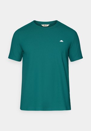 Tricou teal cu guler rotund, mânecă scurtă, cu un mic logo alb pe partea stângă a pieptului, textură ribbed și croială standard.