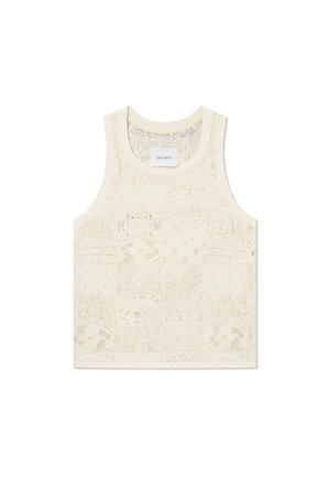 Crème kleurige kanten tanktop, met ingewikkelde patronen en een ronde halslijn. Lichtgewicht, gestructureerde stof zonder mouwen.