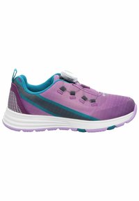 Scarpa sportiva viola con tomaia in rete, accenti turchesi, punta arrotondata e suola bianca. Presenta un sistema di allacciatura rapida e lati testurizzati.