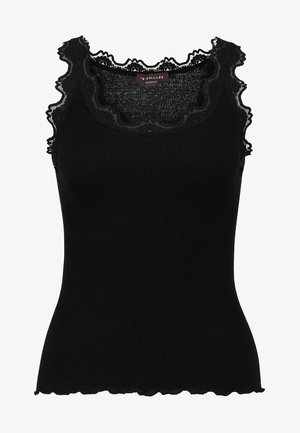 Débardeur noir à côtes avec dentelle au niveau de l'encolure et des emmanchures. Présente un design ajusté et des bords festonnés pour ajouter de la texture.