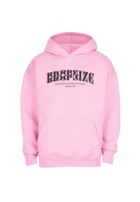 Rosa Kapuzenpullover mit schwarzem stilisiertem "BROPSIZE"-Text, dem Slogan "ERFOLG IST DIE BESTE RACHE" und einer Kängurutasche vorne.