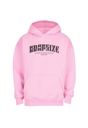 Roosa kapuutsiga, millel on musta värvi stiliseeritud "BROPSIZE" tekst, loosung "EDU ON PARIM KOSTEERIMINE" ning eesmine kängurupocket.