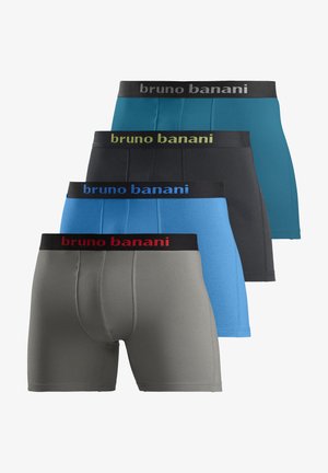 Quattro paia di boxer da uomo in grigio, blu, nero e verde acqua, ciascuno con un elastico nero sulla vita con la scritta "bruno banani" in colori diversi.