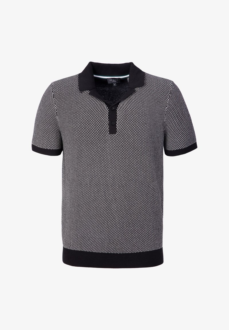 Polo à manches courtes texturé noir et blanc avec col noir, patte de boutonnage, poignets de manches et ceinture.