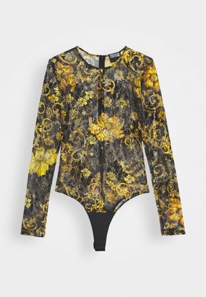 Sort gennemsigtig bodysuit med lange ærmer med gul og gylden blomsterbarok mønster og rund halsudskæring.