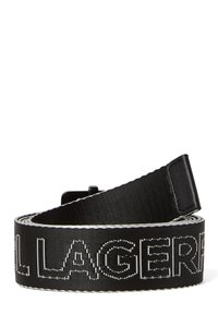 Cinturón textil negro con un audaz logo en blanco de "LAGERFELD", con una textura suave y un cierre de hebilla para ajuste.