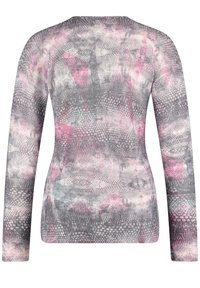 Long-sleeve knit top in light gray with a textured pink and black abstract pattern, featuring a round neckline and fitted silhouette.