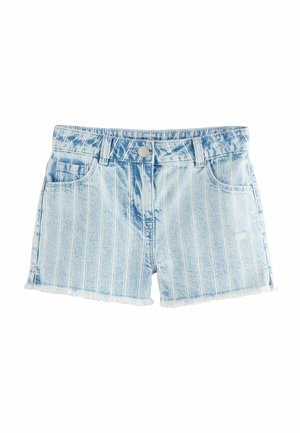 Lichtblauwe denimshorts met witte verticale strepen, voorzien van een rafelige zoom, twee vo pockets en een sluiting met een knoop aan de voorkant.