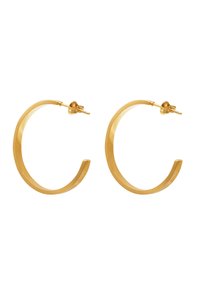 Gouden hoepeldoorringen met een gladde, gepolijste afwerking. Circulaire vorm met een open ontwerp en een post sluiting. Eenvoudige en moderne esthetiek.