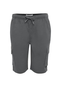 Pantalones cortos de carga grises con una cinturilla elástica, cierre con cordón y bolsillos laterales; fabricados con tejido ligero y de textura suave.