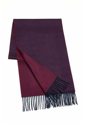 Burgundy and dark red scarf made of soft material, featuring fringed edges and a smooth texture. Folded, showing color gradient.