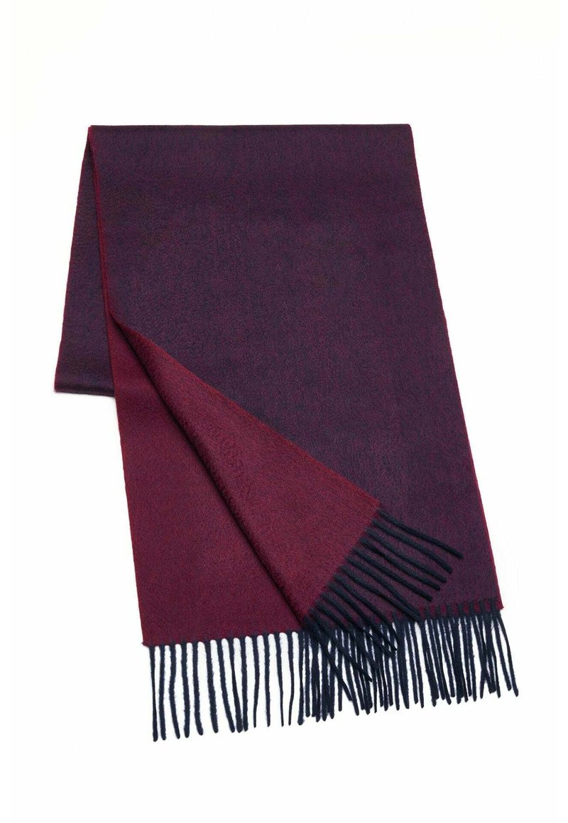 Burgundy and dark red scarf made of soft material, featuring fringed edges and a smooth texture. Folded, showing color gradient.