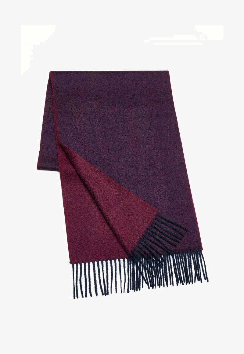 Burgundy and dark red scarf made of soft material, featuring fringed edges and a smooth texture. Folded, showing color gradient.