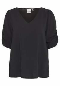 Blusa nera con scollatura a V, maniche corte a sbuffo con dettaglio arricciato e vestibilità morbida, realizzata in tessuto leggero.