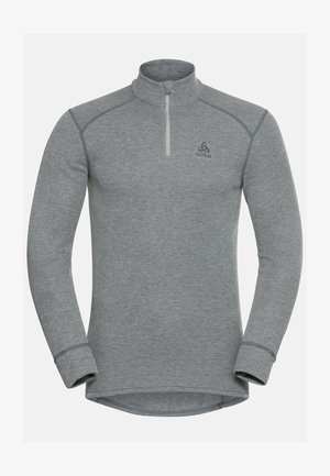 Gray long-sleeve pullover with a quarter-zip neck, ribbed collar, and stitched accents. Made from a soft, textured fabric. Features logo on chest.