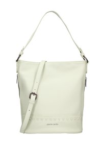 Borsa a mano in pelle verde chiaro con superficie texturizzata, manico superiore e tracolla rimovibile. Presenta un motivo a pois lungo la base.