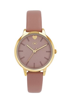 Gold round watch with mauve face, no numbers, gold hour, minute, second hands, a mauve leather strap, and a heart at 12 o'clock.