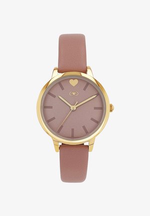 Goldene runde Uhr mit mauvefarbenem Zifferblatt, ohne Zahlen, goldene Stunden-, Minuten- und Sekundenzeiger, mauvefarbener Lederarmband und einem Herz bei 12 Uhr.