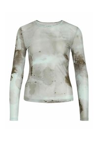 Pikad varrukad, lühikese lõikega naiste särk ümarate kaelustega, mis on kaunistatud helesinise ja pruuni abstraktse akvarellmustriga.