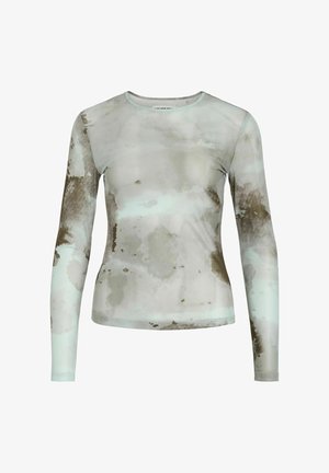 Chemise ajustée à manches longues pour femmes avec un col rond, présentant un motif aquarelle abstrait bleu clair et marron.