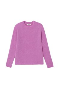 Pull doux à manches longues et col rond, couleur lavande unie avec une texture duveteuse, présenté sur un fond blanc.