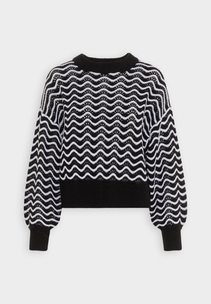 Schwarz-weißer, gekürzter Pullover mit Zickzack-Muster, geripptem Halsausschnitt und Bündchen, weichem Gefühl und Ballonärmeln.