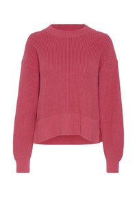 Różowy sweter z dzianiny o okrągłym dekolcie, opuszczonymi ramionami, ściągaczami na rękawach i skróconym, pudełkowym kroju. Posiada teksturowane wykończenie.