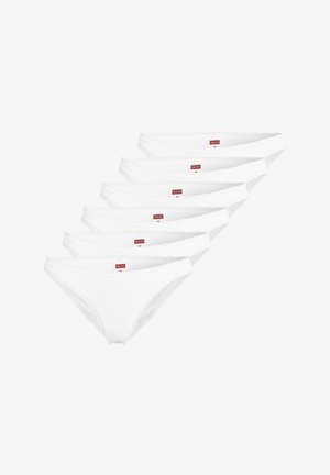 Six paires de culottes blanches pour femmes en coton avec bordure en dentelle, disposées en éventail sur un fond blanc.